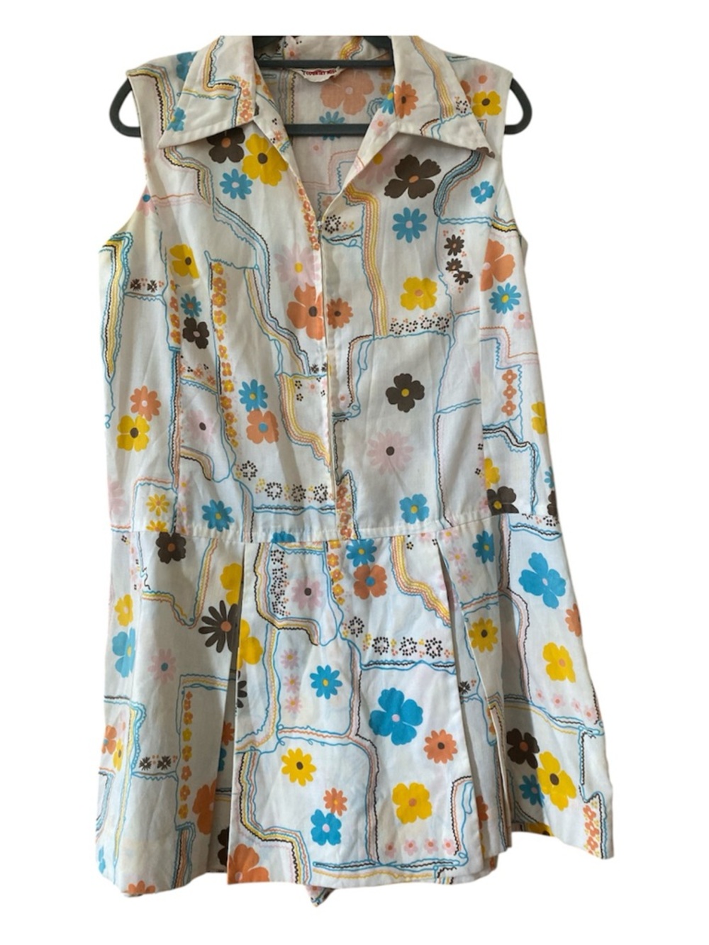Vintage 60s Mod Floral Mini Skort Dress Romper Union Made Retro Collared 16